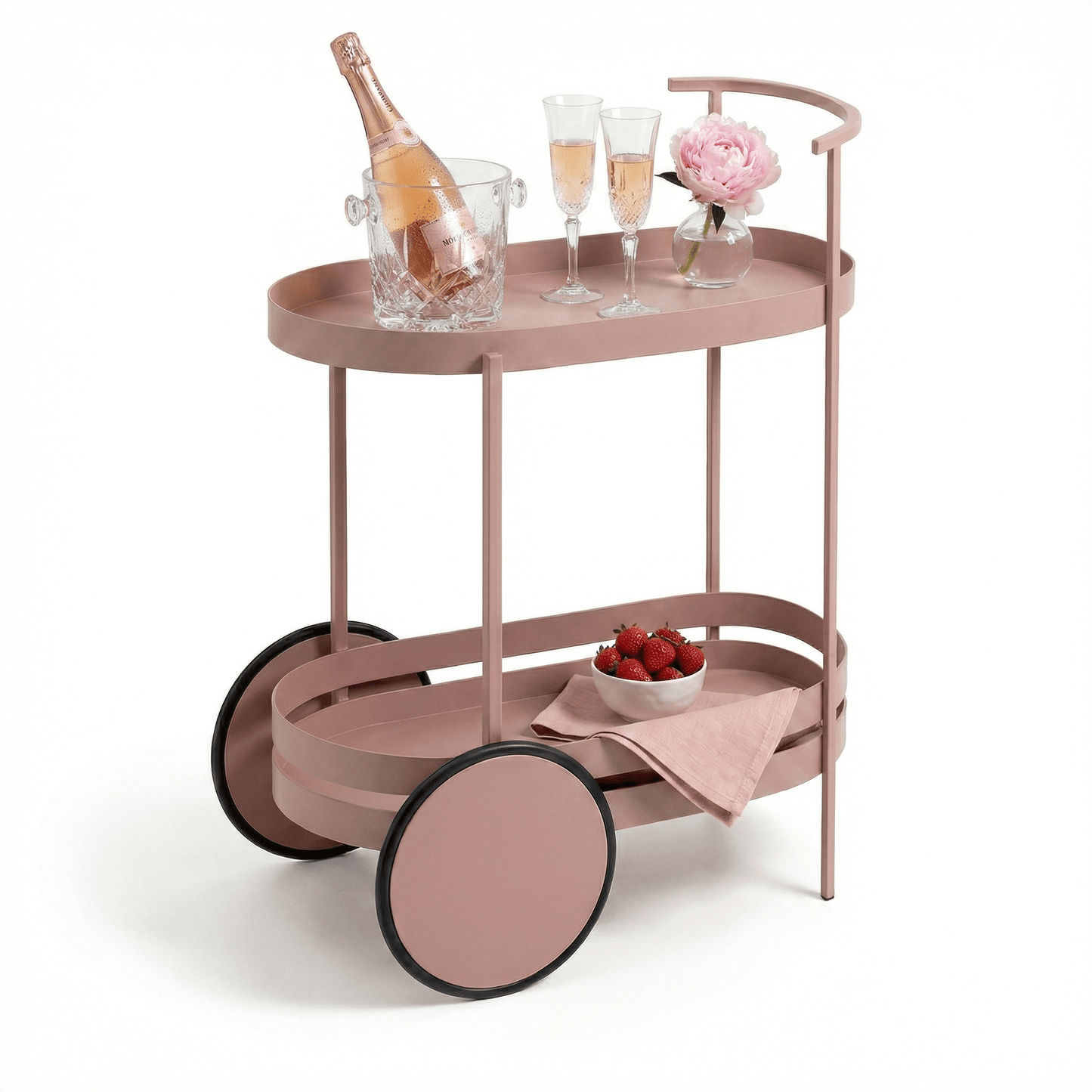 The Kirra Nordic Oval Bar Cart in Pink, styled with coastal deco accessories for a relaxed Gatsby vibe.