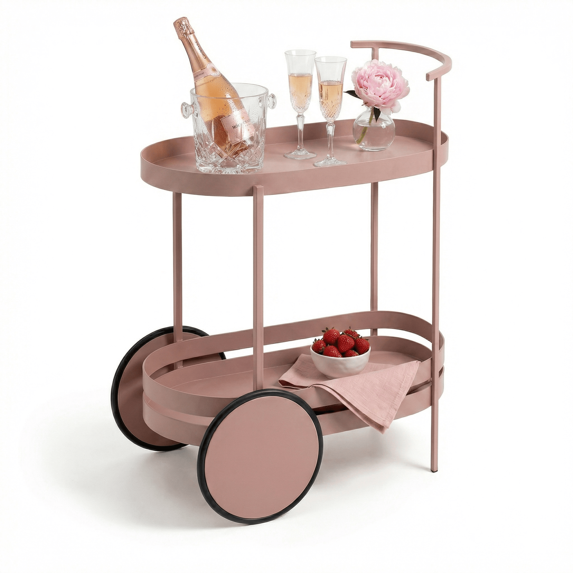 The Kirra Nordic Oval Bar Cart in Pink, styled with coastal deco accessories for a relaxed Gatsby vibe.