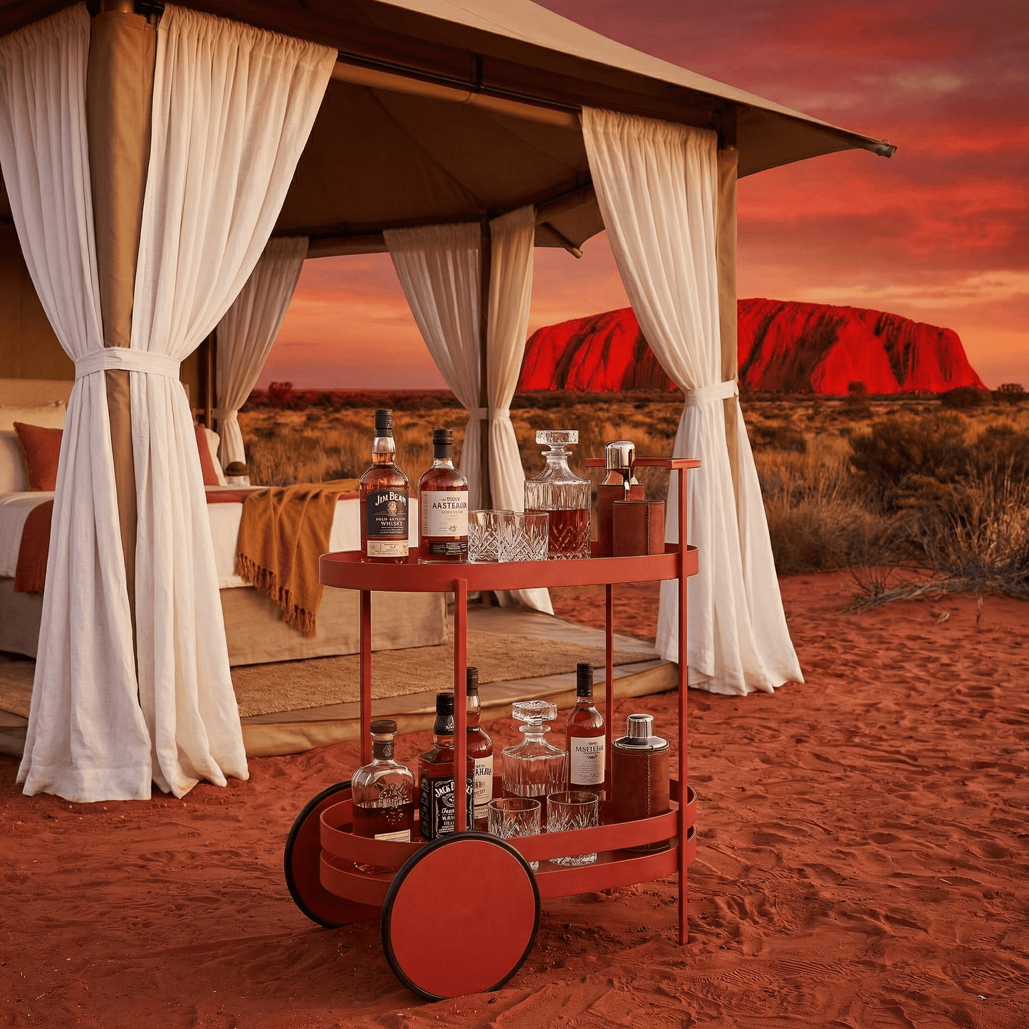 The Kirra Red bar cart in outdoor setting — Nordic alfresco drinks cart Australia