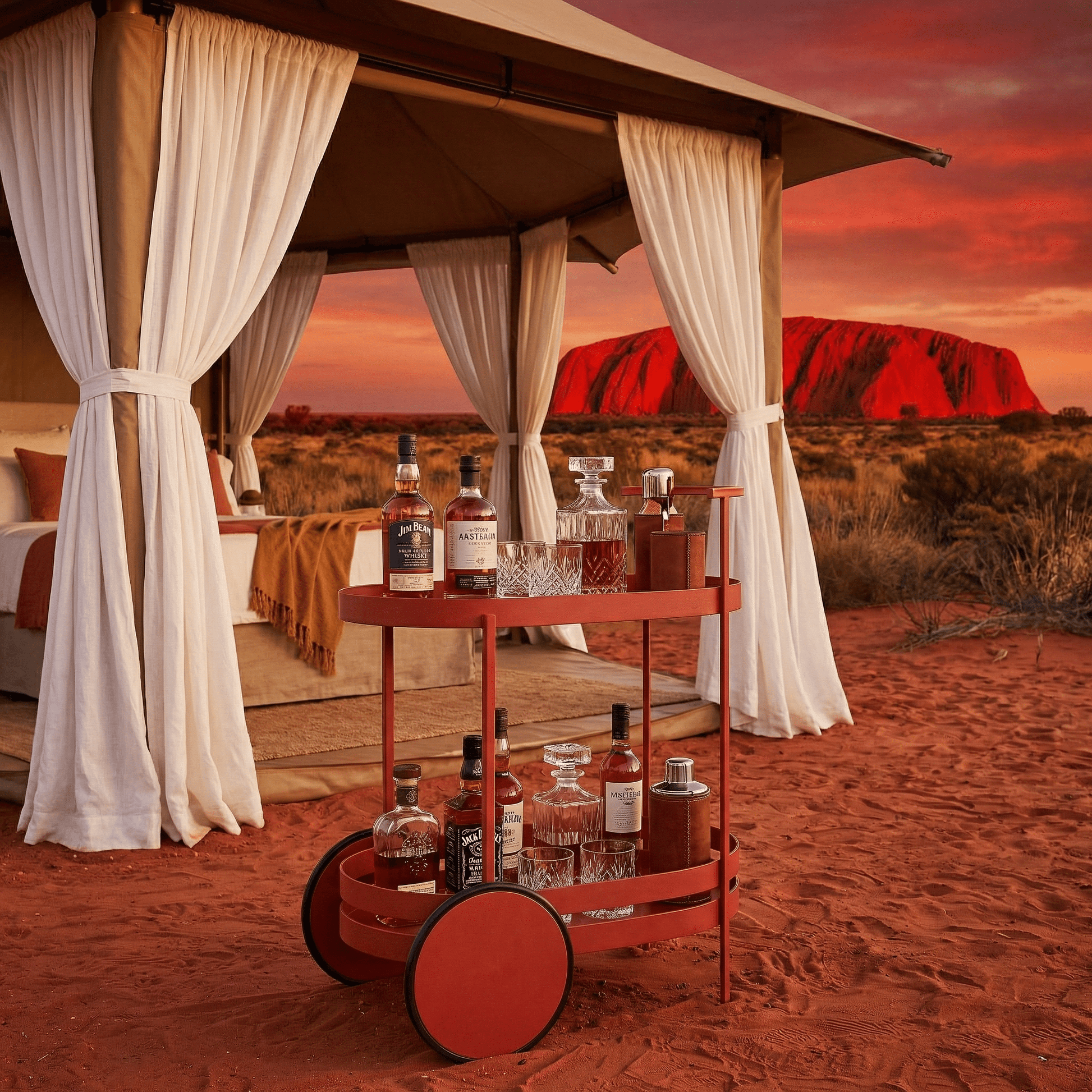 The Kirra Red bar cart in outdoor setting — Nordic alfresco drinks cart Australia