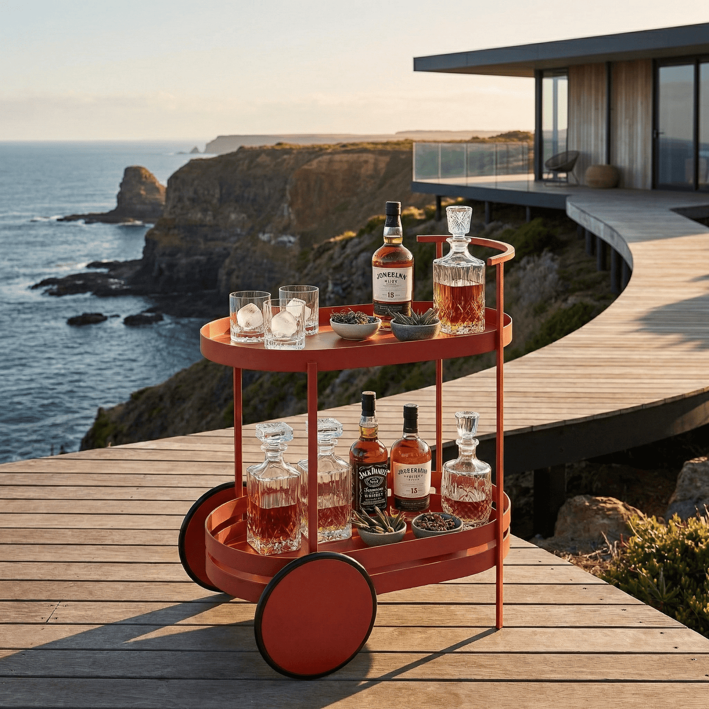 The Kirra Red bar cart in outdoor setting — Nordic alfresco drinks cart Australia