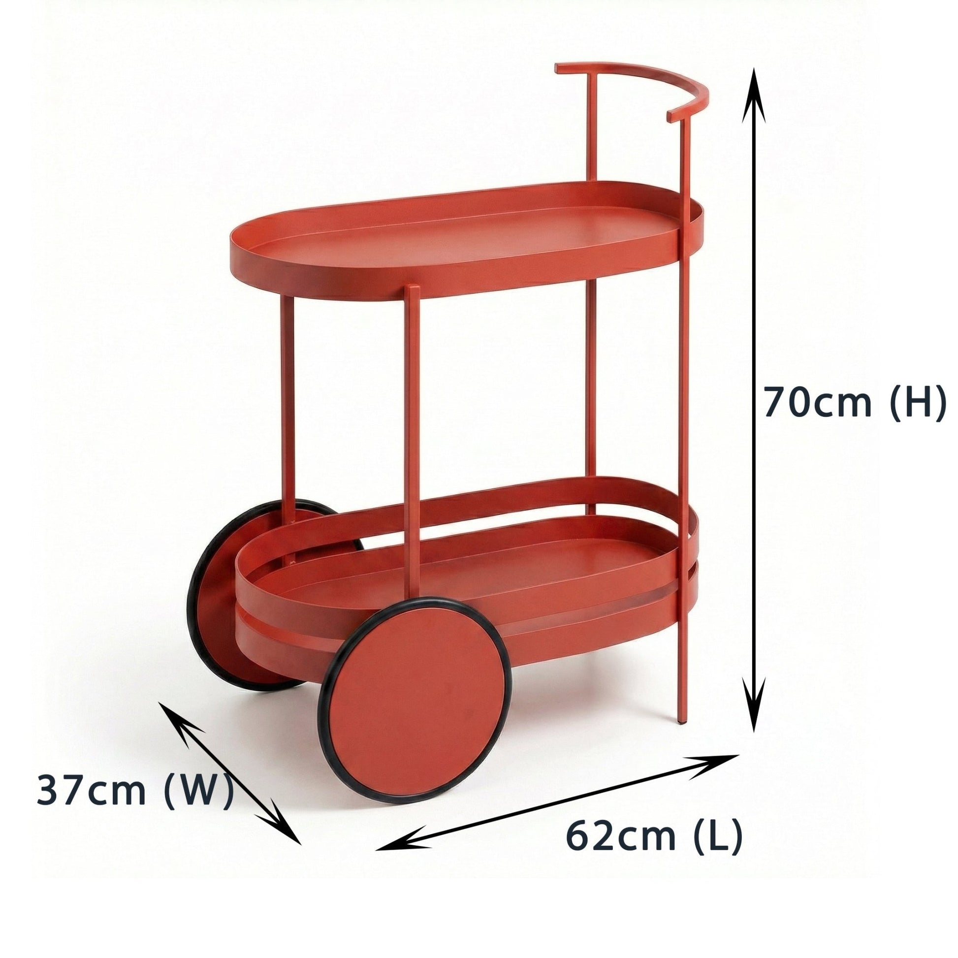 The Kirra oval bar cart side view — Scandi red bar trolley Australia