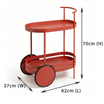 The Kirra oval bar cart side view — Scandi red bar trolley Australia