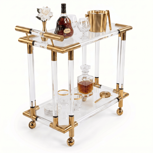 The Lake Mackenzie two-tier acrylic gold bar cart — clear acrylic and gold bar trolley Australia