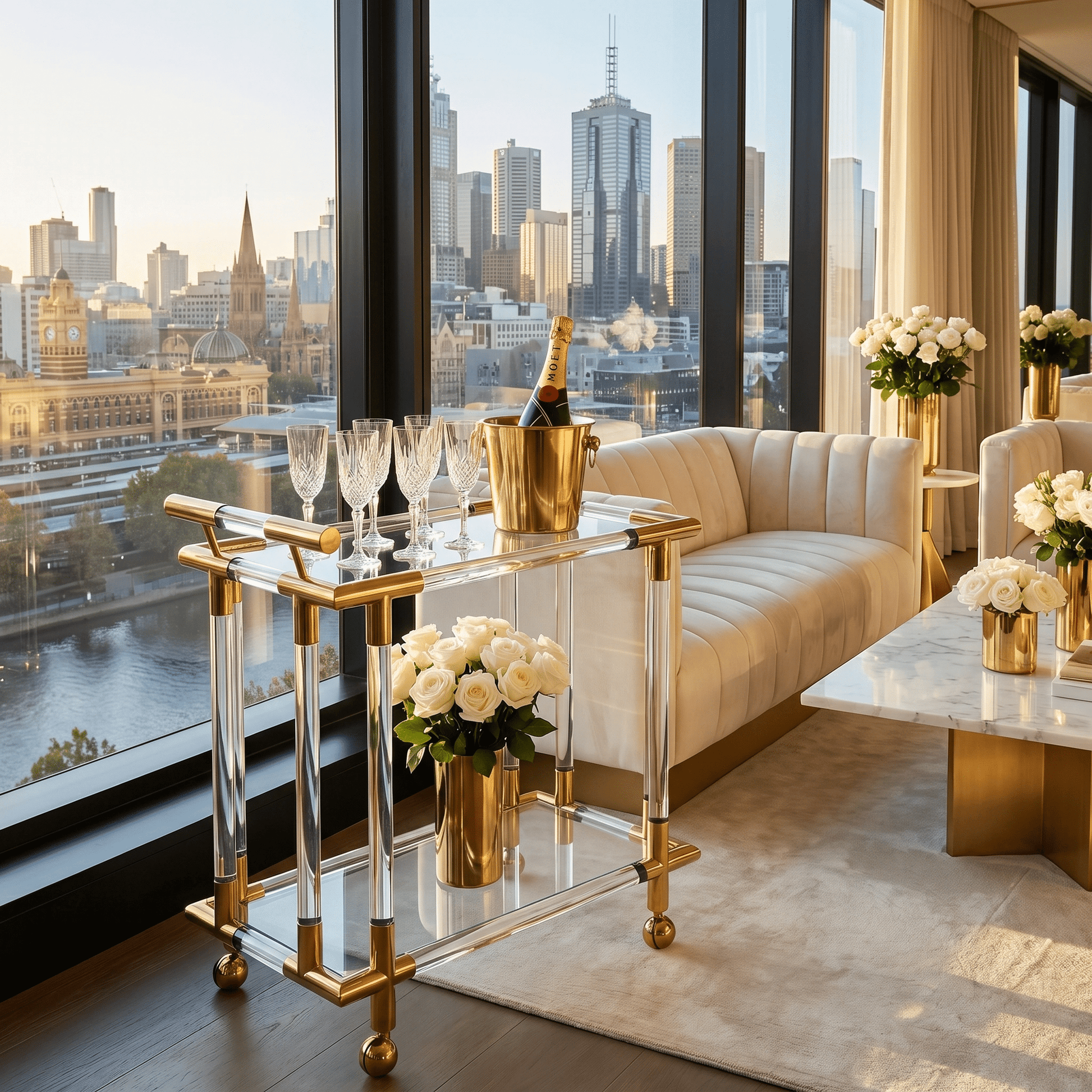 The Lake Mackenzie acrylic trolley in living room — modern gold bar cart Australia