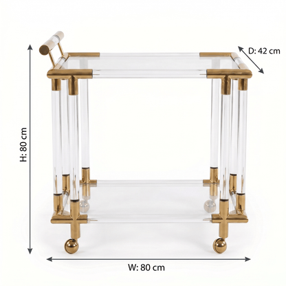 The Lake Mackenzie bar cart side view — transparent acrylic gold bar cart Australia