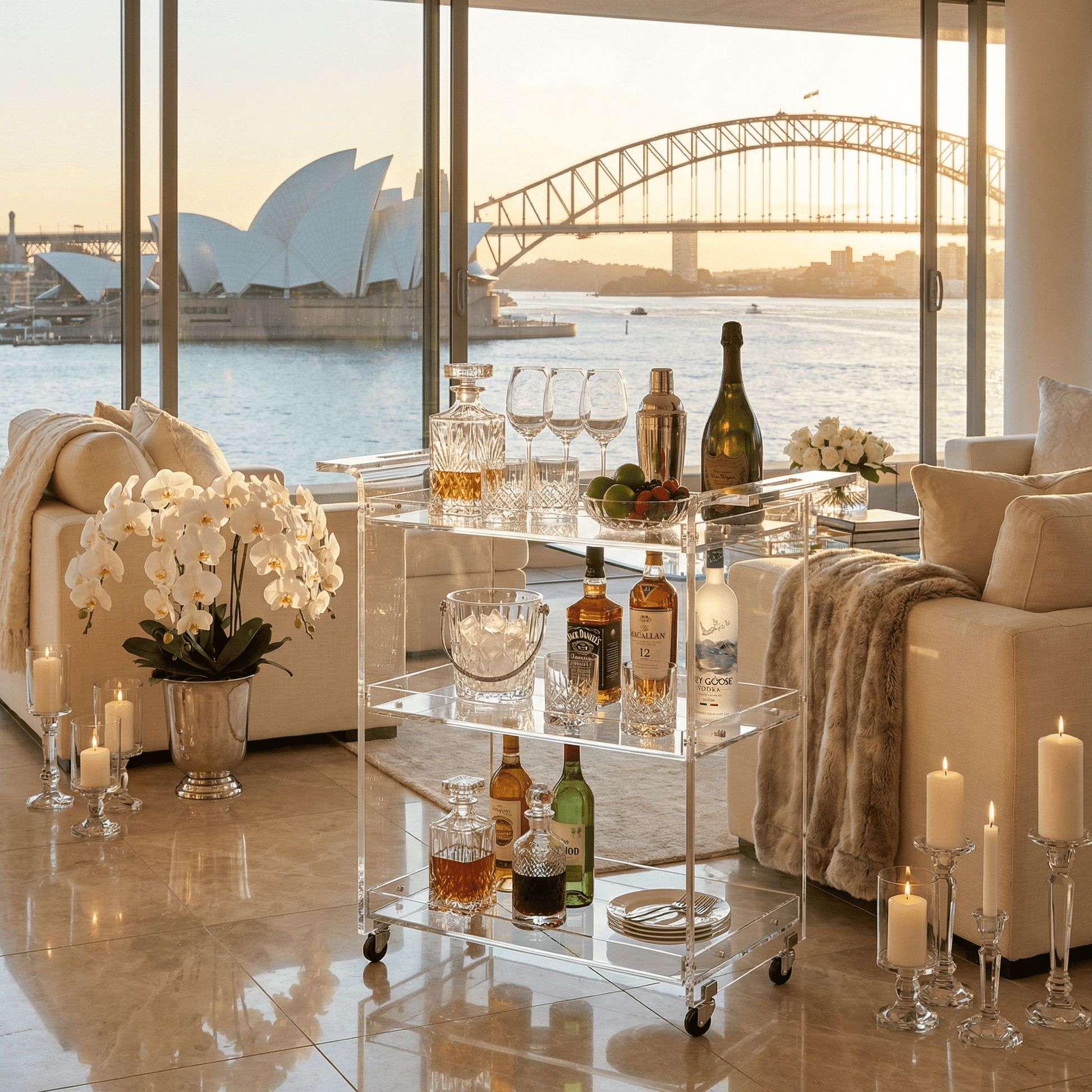 The Lumière bar cart side view — minimalist acrylic bar trolley Australia