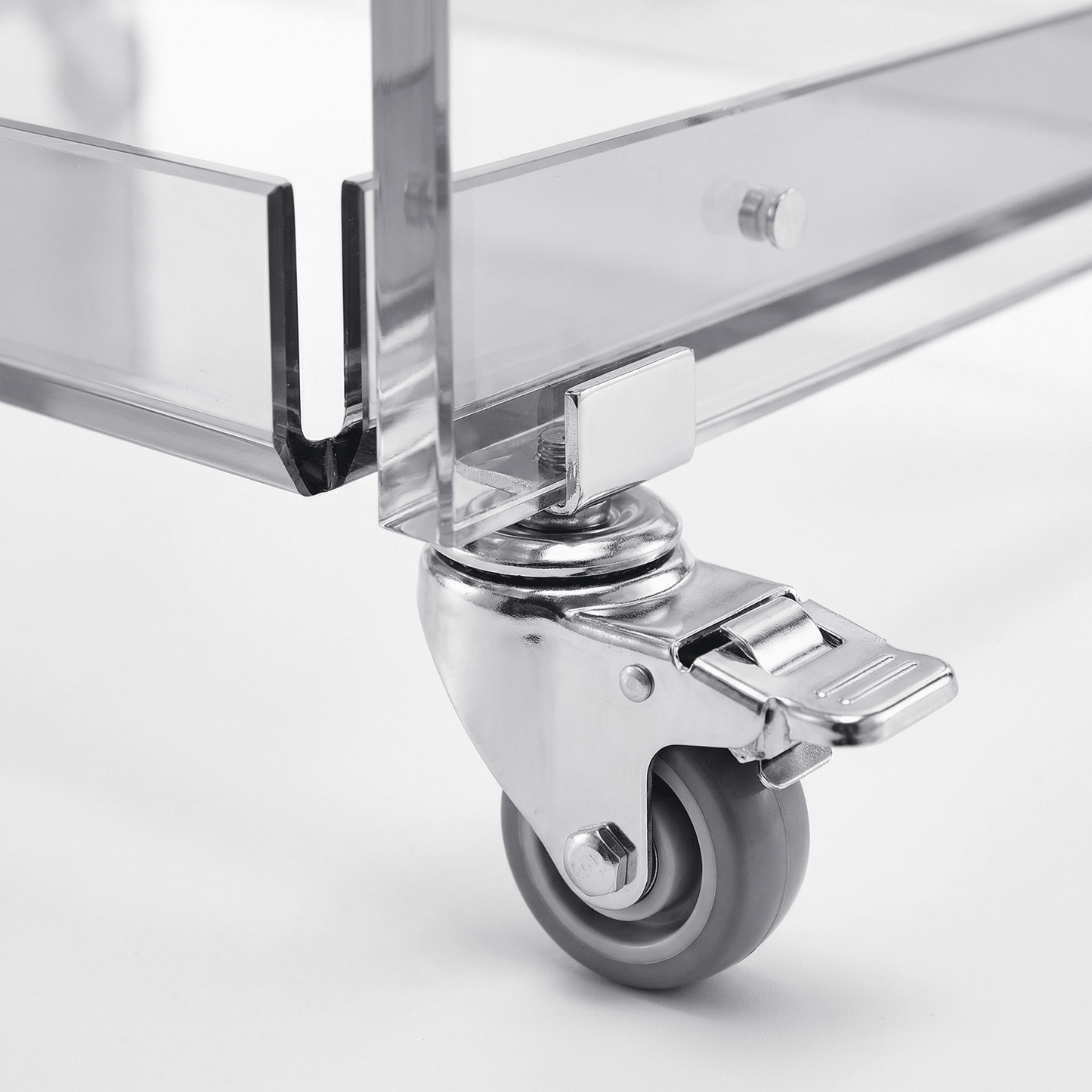 Close-up of the Lumière Clear Acrylic Drinks Trolley showcasing its sleek coastal design and elegant deco styling by Royal Bar Carts