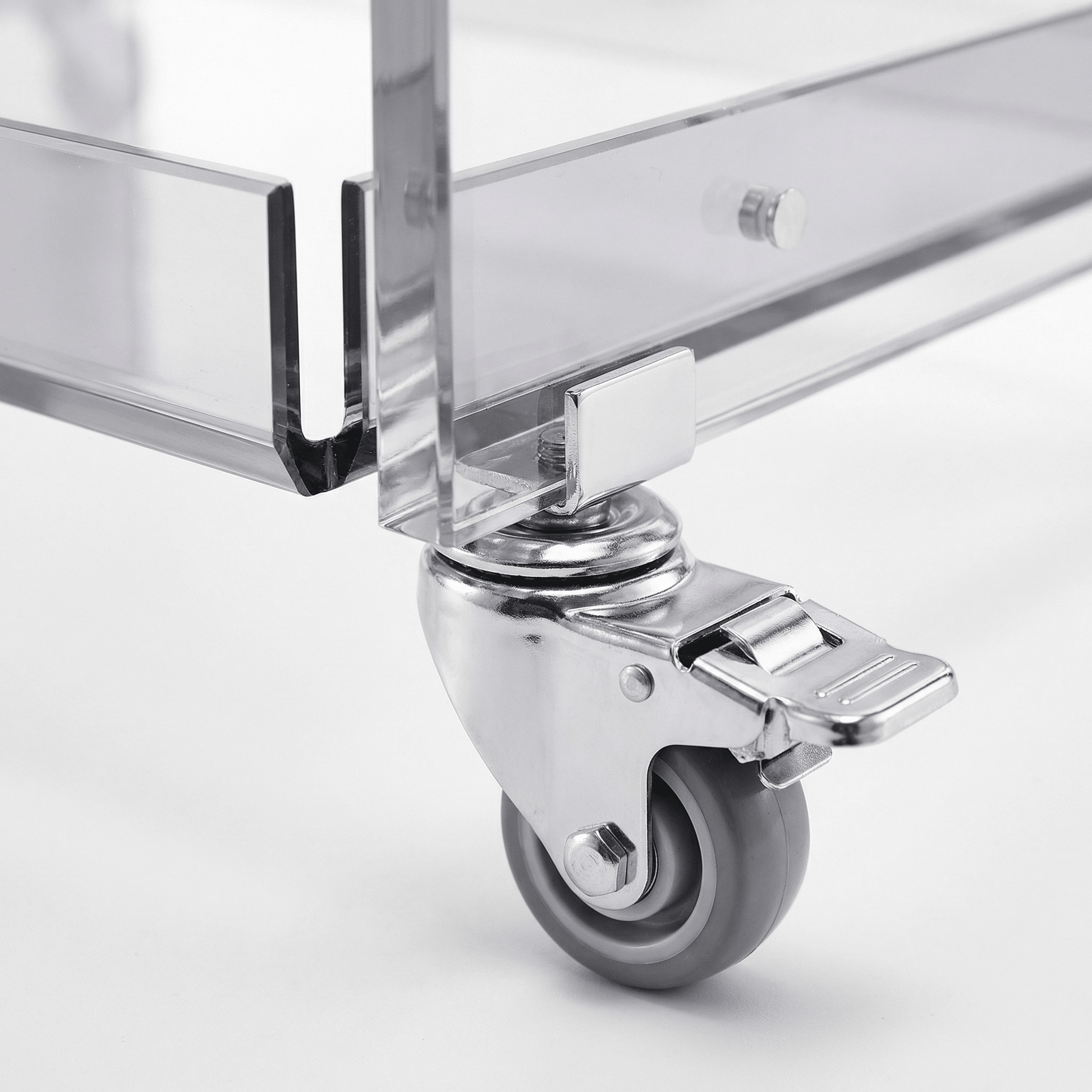 Close-up of the Lumière Clear Acrylic Drinks Trolley showcasing its sleek coastal design and elegant deco styling by Royal Bar Carts