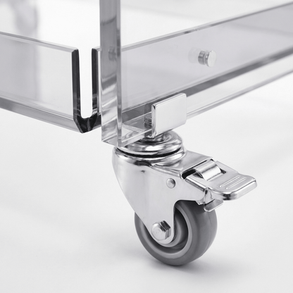 Close-up of the Lumière Clear Acrylic Drinks Trolley showcasing its sleek coastal design and elegant deco styling by Royal Bar Carts