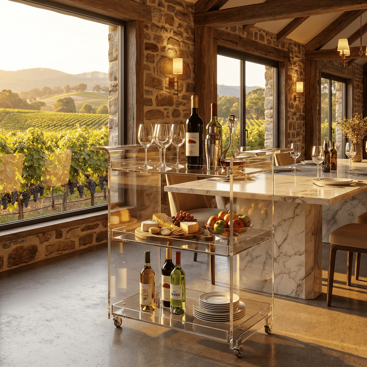 The Lumière acrylic trolley in contemporary interior — premium clear bar cart Australia