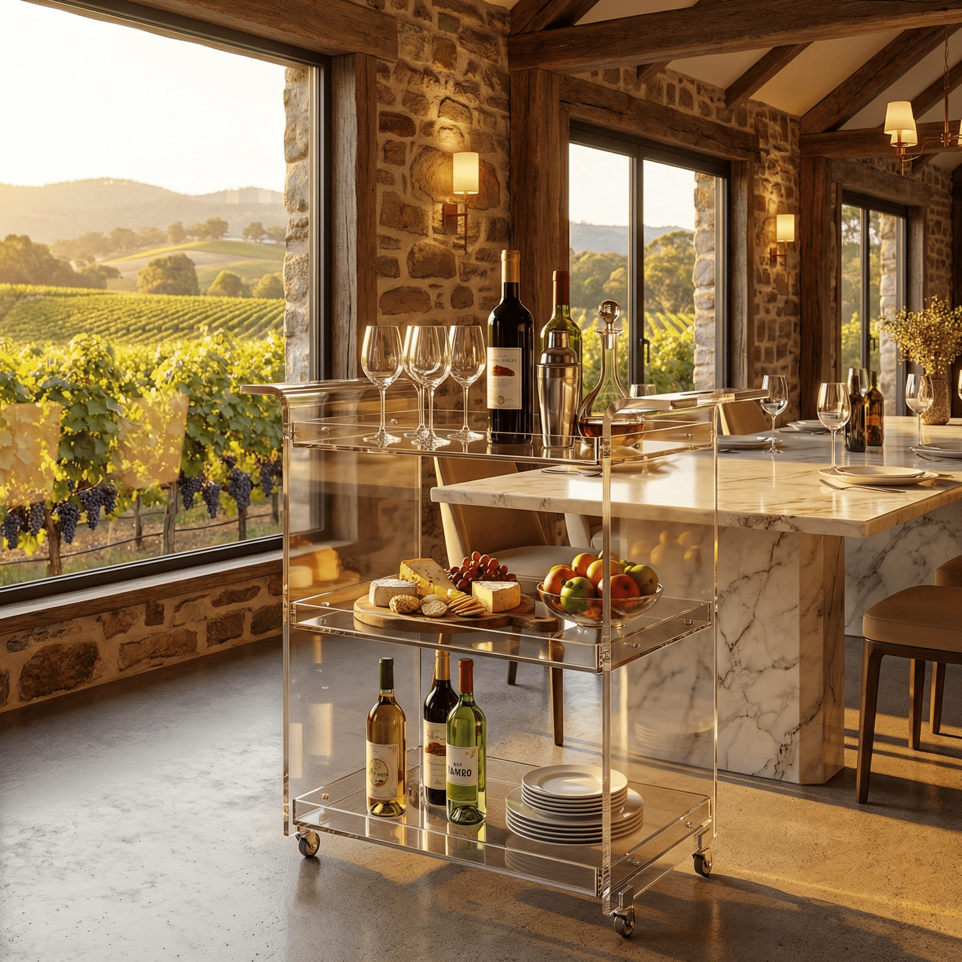 The Lumière acrylic trolley in contemporary interior — premium clear bar cart Australia