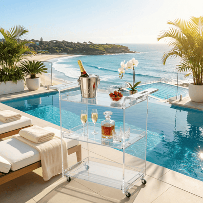 The Lumière clear acrylic drinks trolley — transparent acrylic bar cart Australia