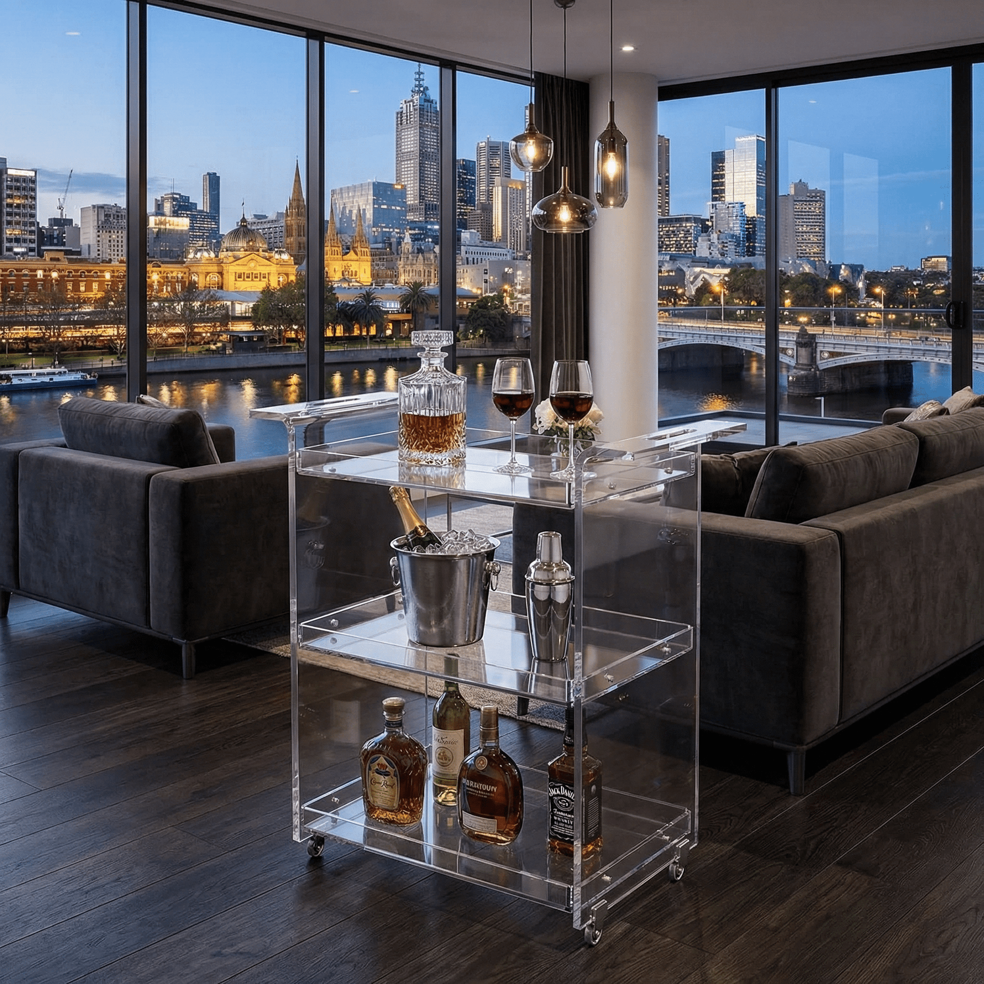 The Lumière acrylic bar cart styled with bottles — clear gold drinks trolley Australia