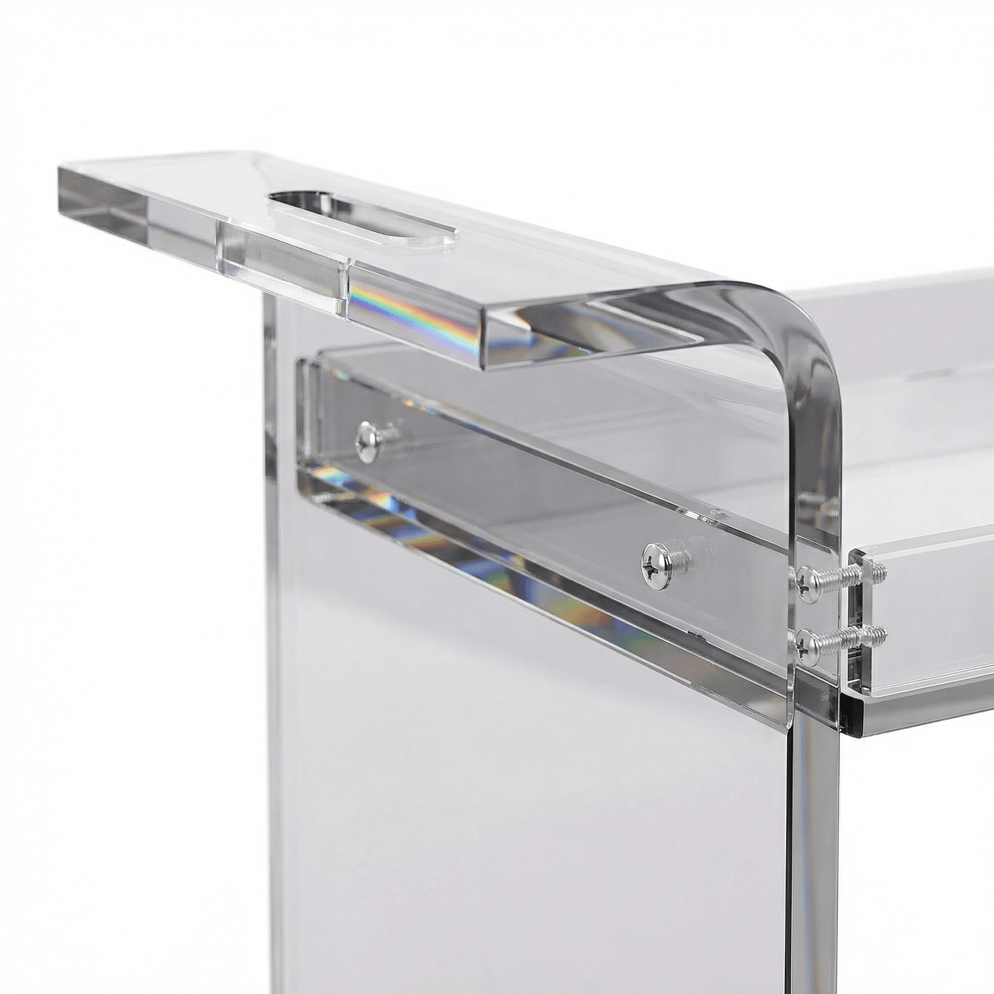 Close-up of The Lumière Clear Acrylic Drinks Trolley showcasing sleek edges and coastal-inspired bar styling by Royal Bar Carts.