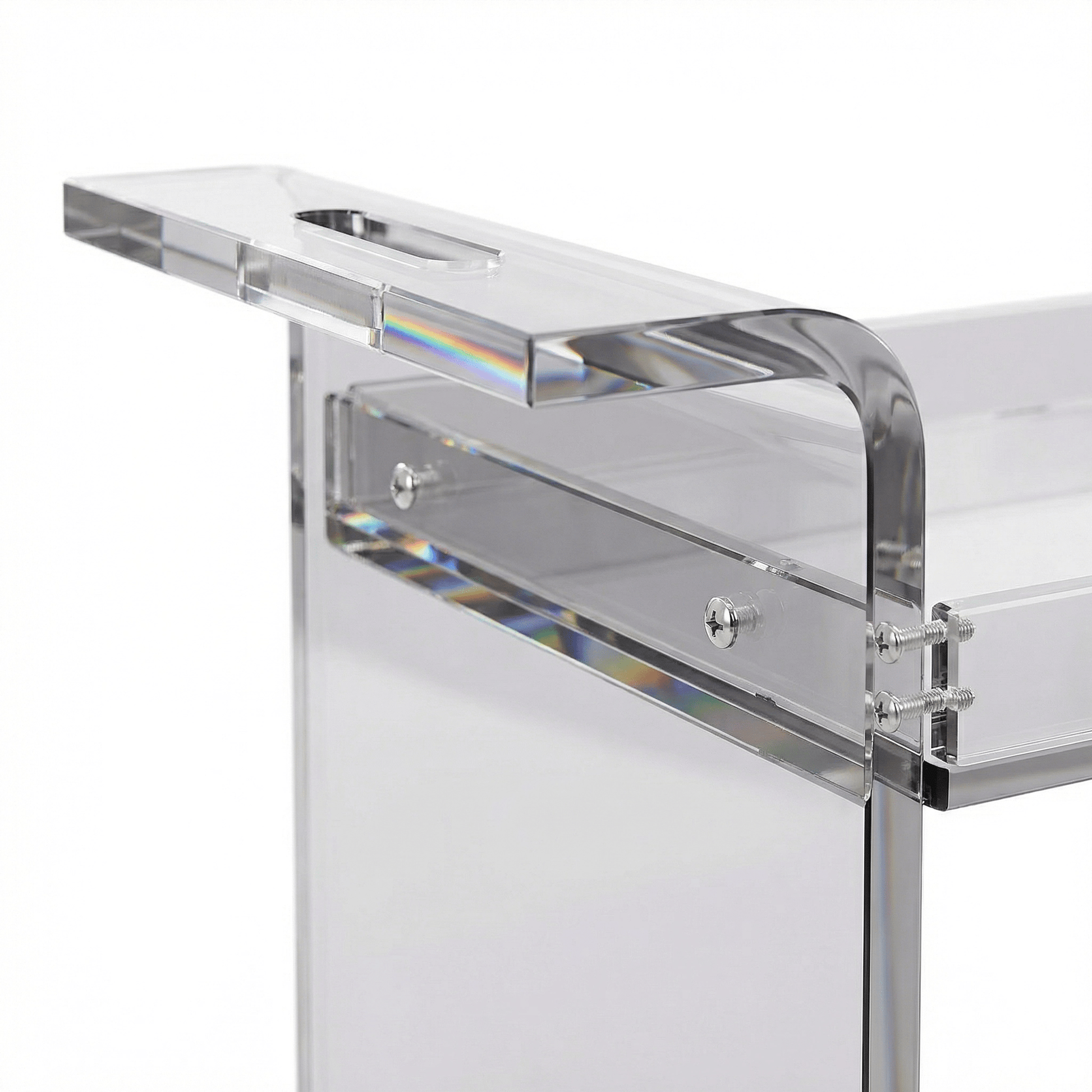 Close-up of The Lumière Clear Acrylic Drinks Trolley showcasing sleek edges and coastal-inspired bar styling by Royal Bar Carts.