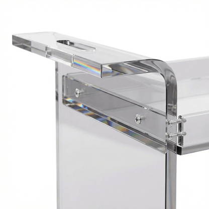 Close-up of The Lumière Clear Acrylic Drinks Trolley showcasing sleek edges and coastal-inspired bar styling by Royal Bar Carts.