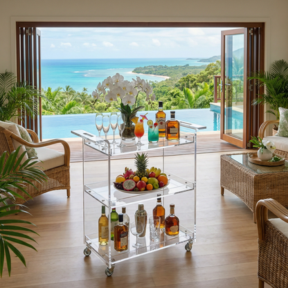 The Lumière acrylic bar cart styled with bottles — clear gold drinks trolley Australia