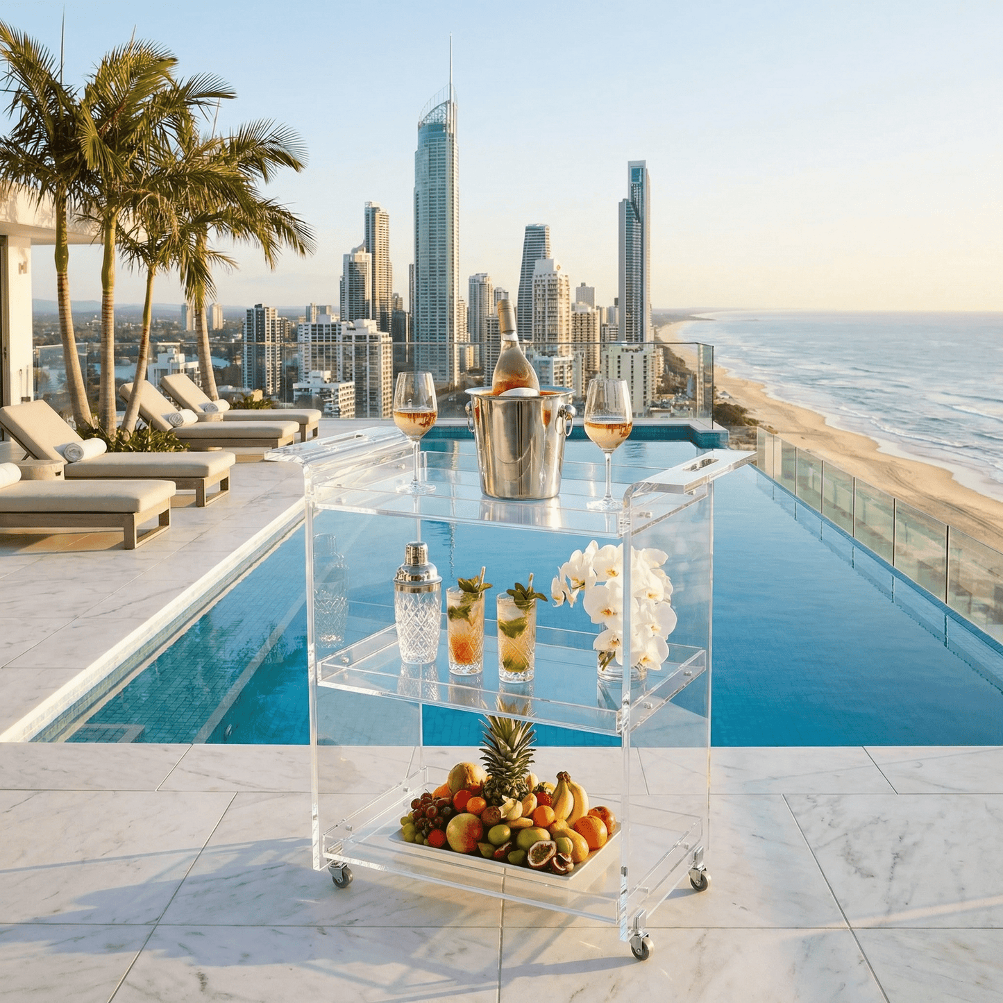Side view of The Lumière Clear Acrylic Drinks Trolley by Royal Bar Carts styled with coastal decor and glassware on a sunlit patio.