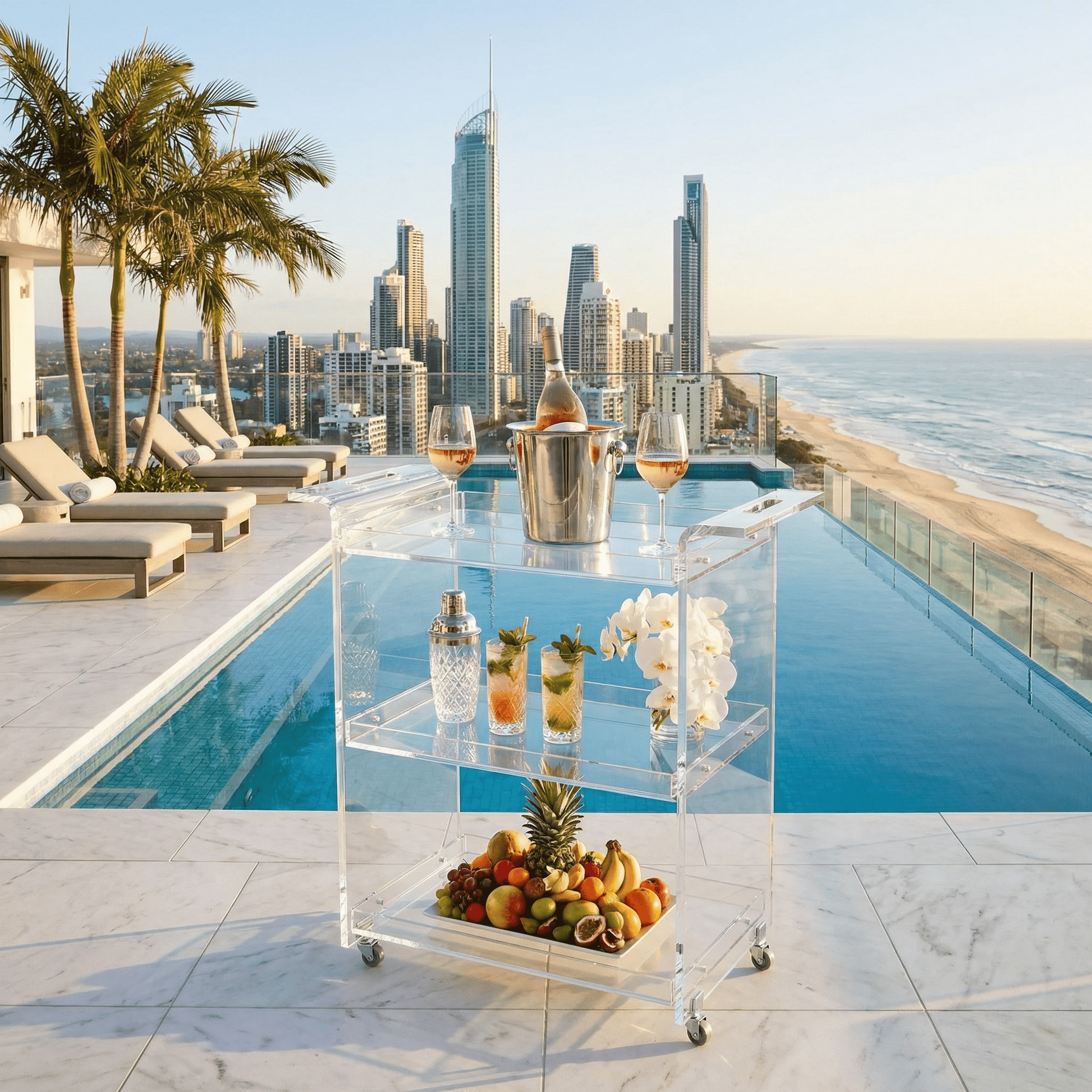 Side view of The Lumière Clear Acrylic Drinks Trolley by Royal Bar Carts styled with coastal decor and glassware on a sunlit patio.