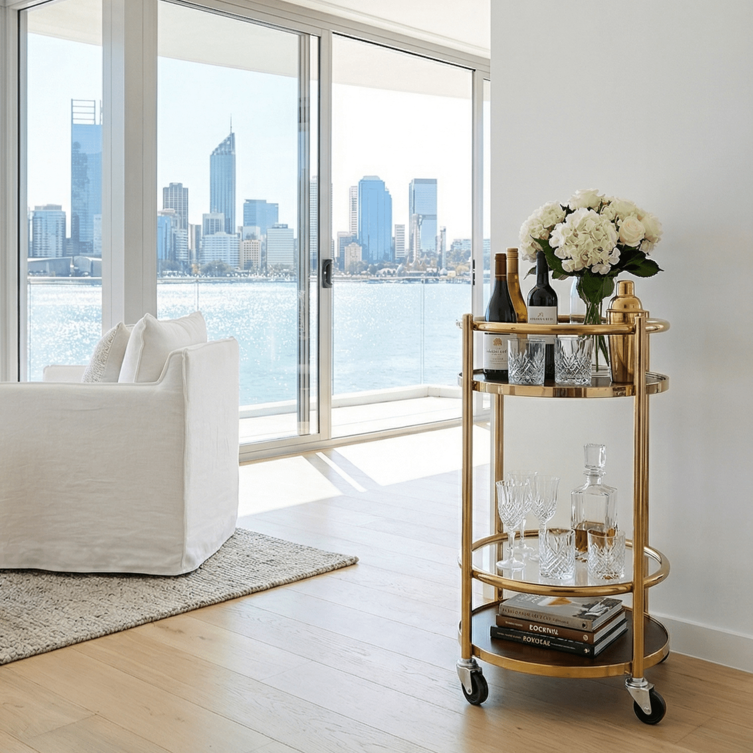 The Lumina 360-degree trolley in living room — premium rotating bar cart Australia