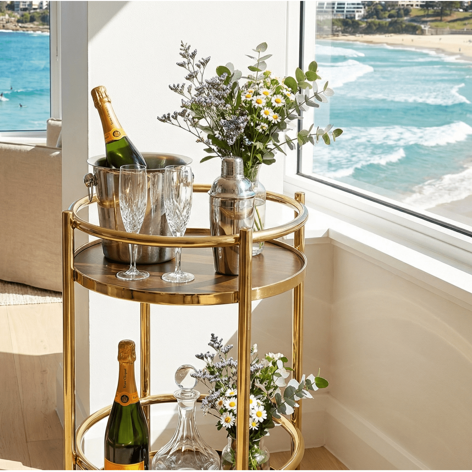 The Lumina Two-Tier Rotating Bar Cart in Gold, showcasing coastal deco styling and sleek barware details