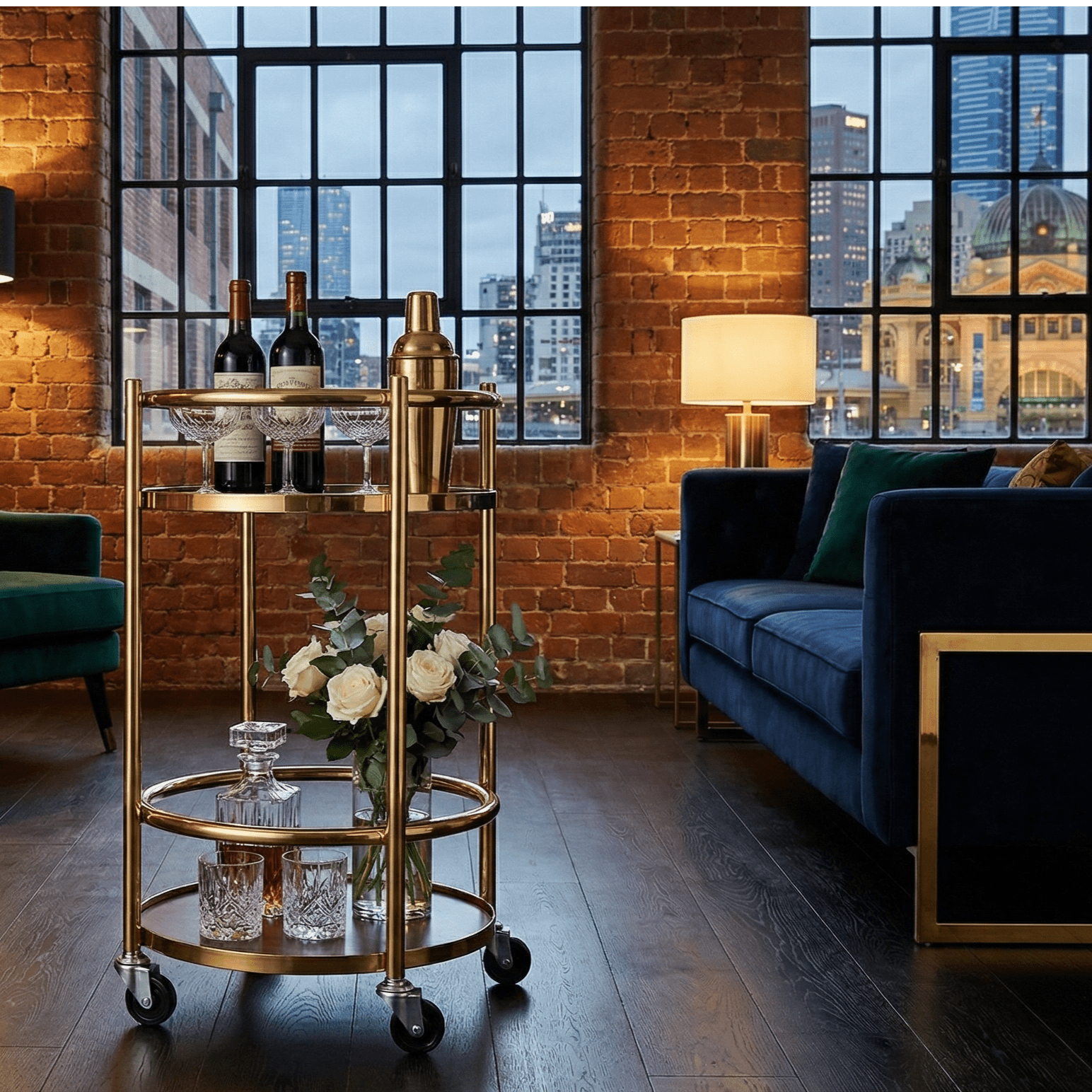 The Lumina bar cart with bottles and glasses — rotating gold bar cart Australia