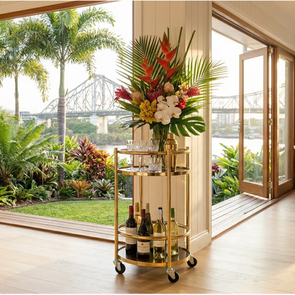 The Lumina 360-degree trolley in living room — premium rotating bar cart Australia