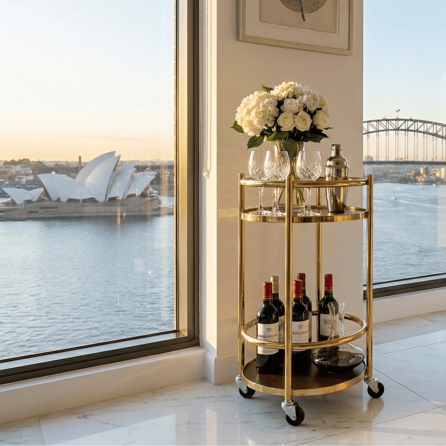 The Lumina rotating bar cart top view — two-tier spinning drinks trolley Australia