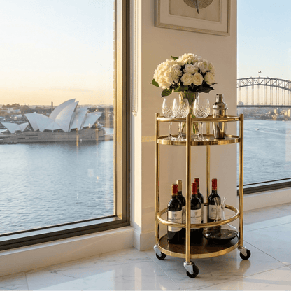 The Lumina rotating bar cart top view — two-tier spinning drinks trolley Australia