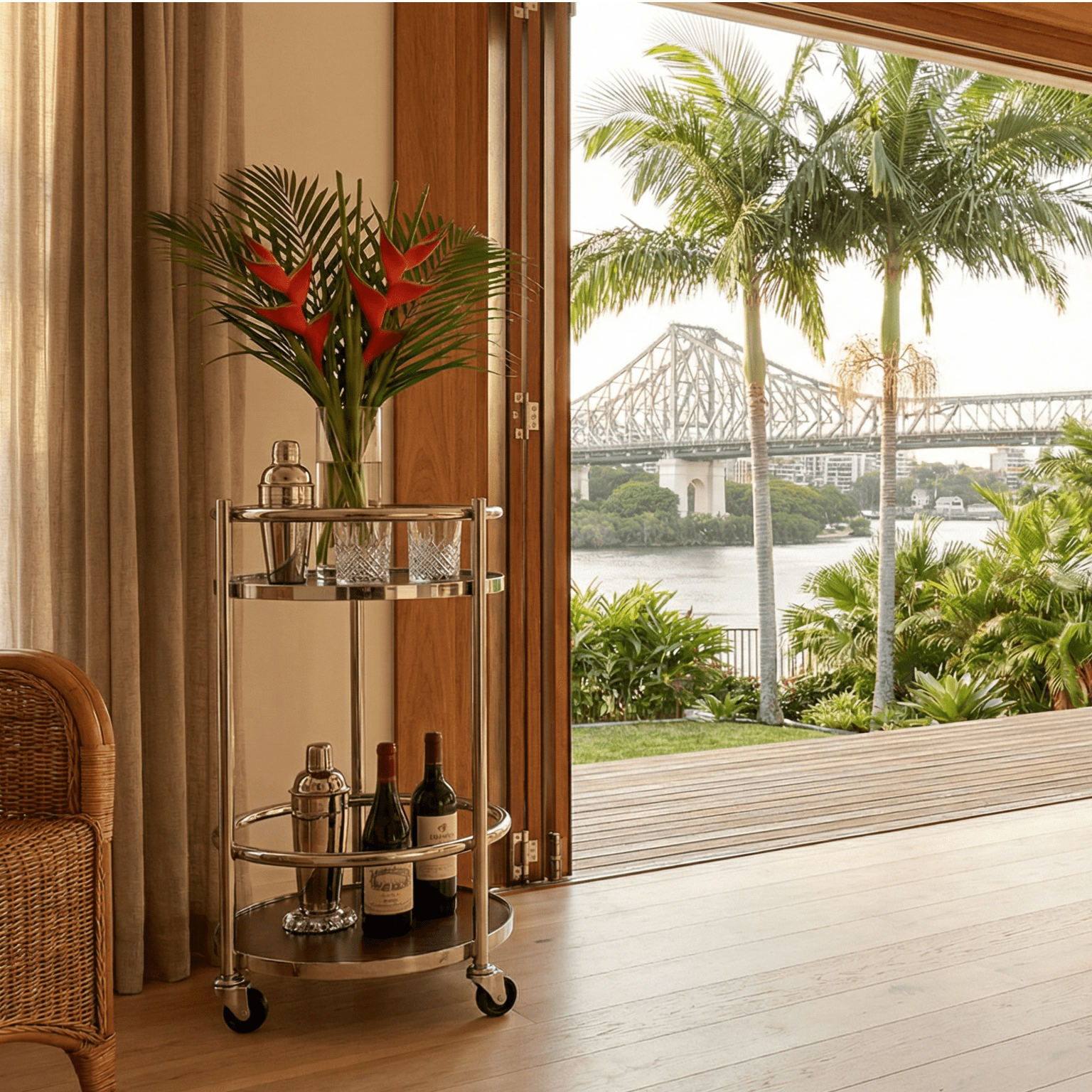 The Lumina Two-Tier Rotating Bar Cart by Royal Bar Carts showcasing Silver and Wood deco styling and smooth rotation.