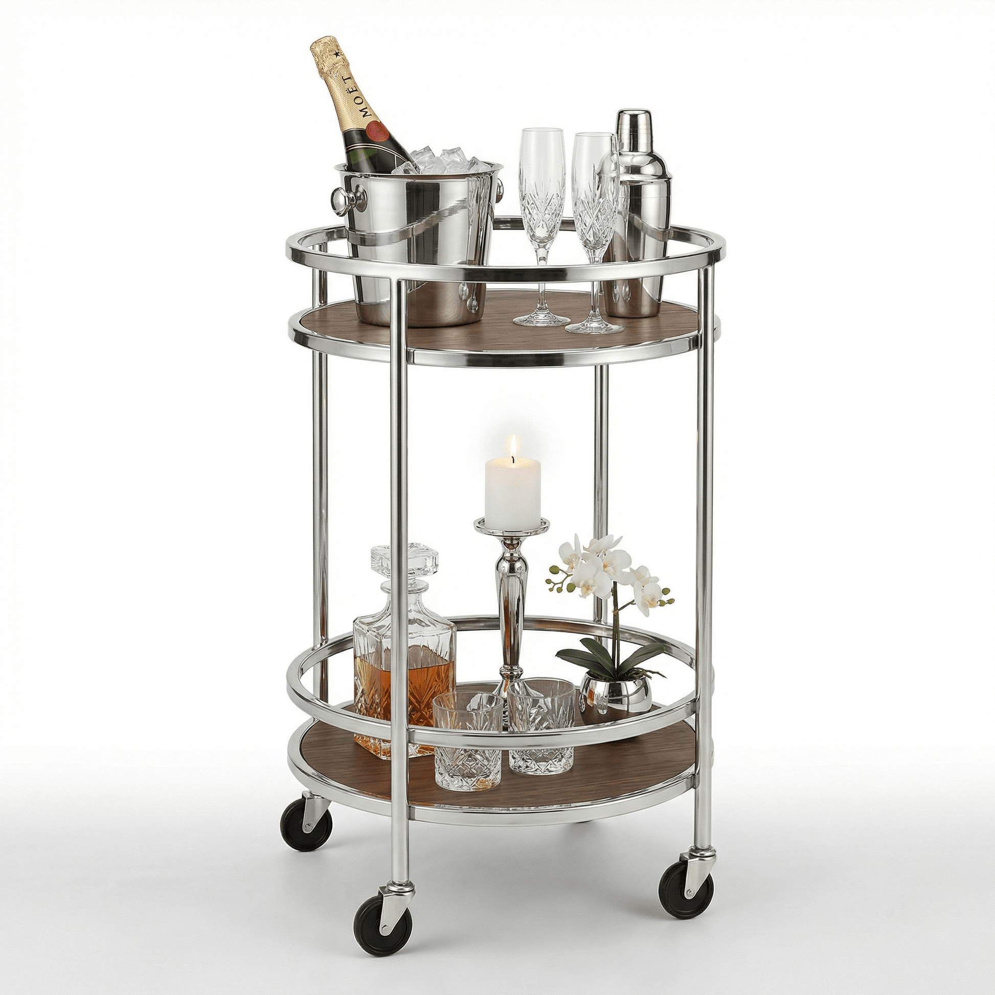 The Lumina rotating bar cart top view — two-tier spinning drinks trolley Australia