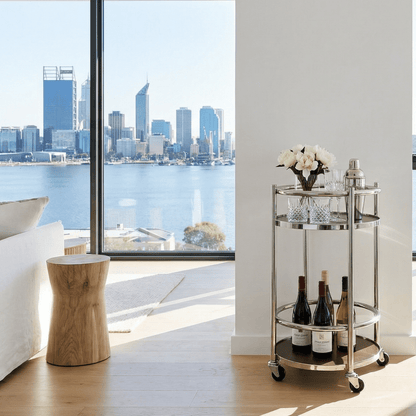 The Lumina 360-degree trolley in living room — premium rotating bar cart Australia