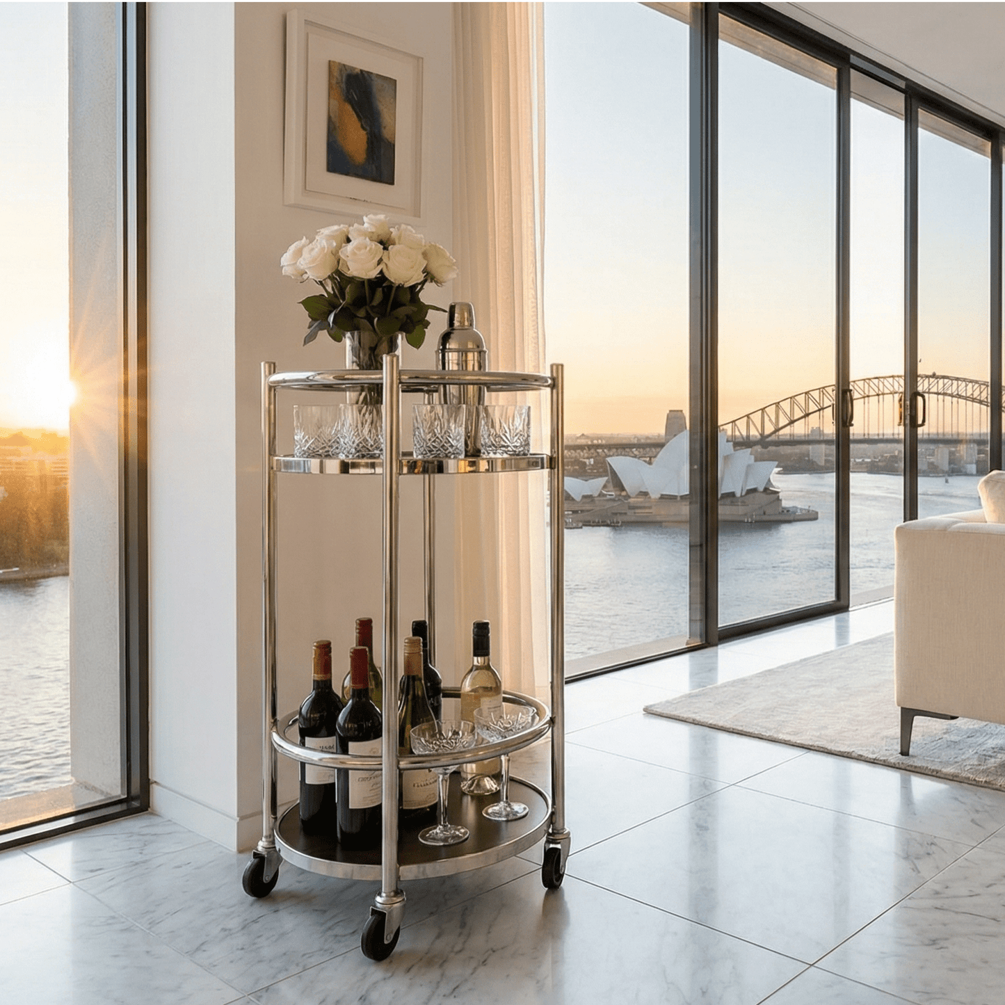 The Lumina two-tier rotating bar cart — 360-degree Silver bar trolley Australia