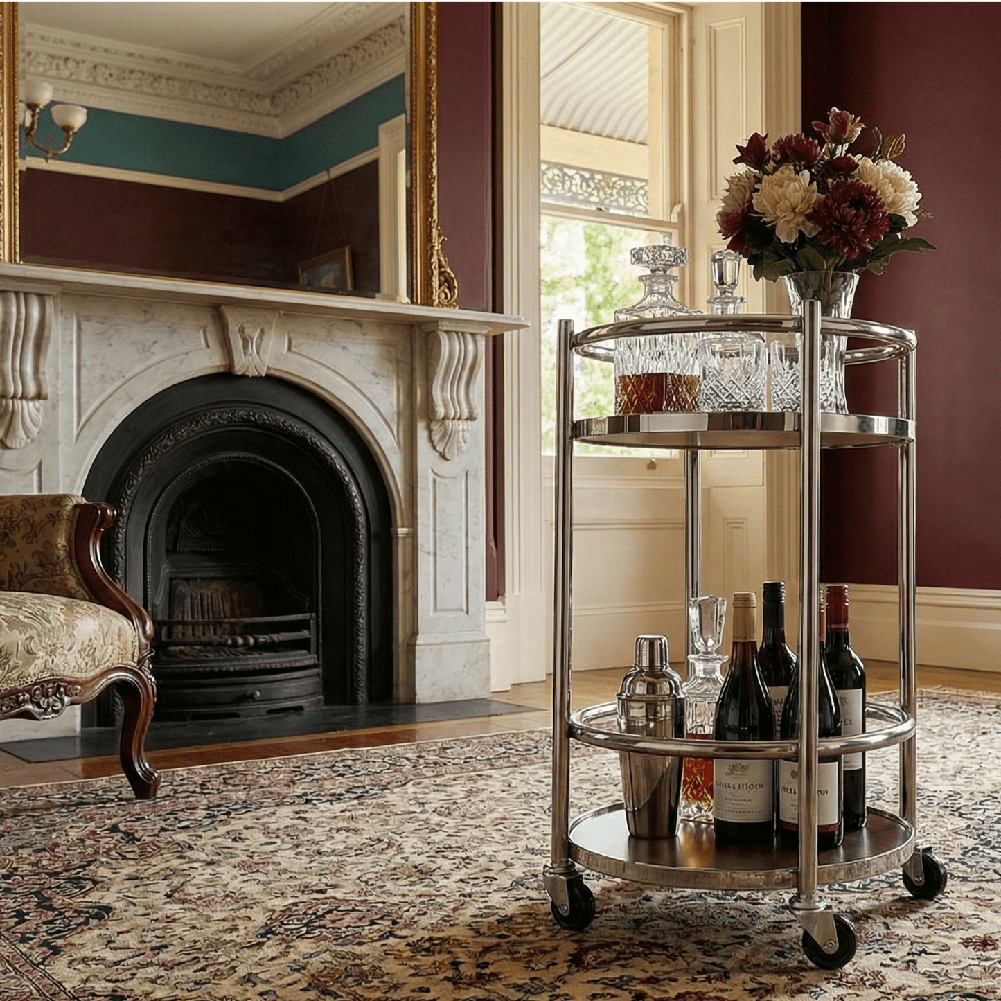 The Lumina bar cart with bottles and glasses — rotating silver bar cart Australia