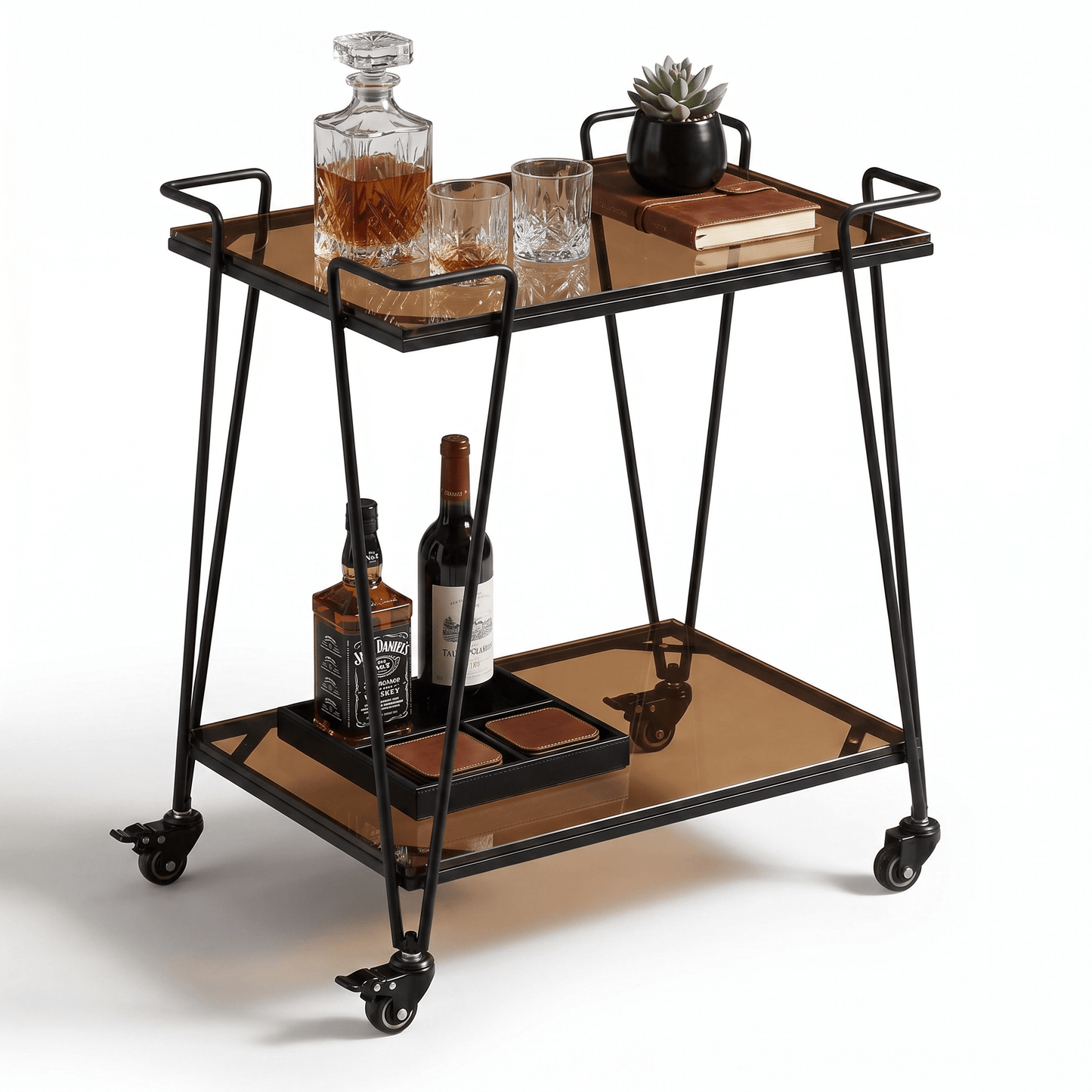 The Neutral Bay Two-Tier Glass Bar Cart by Royal Bar Carts, showcasing sleek black frame and stylish deco details.