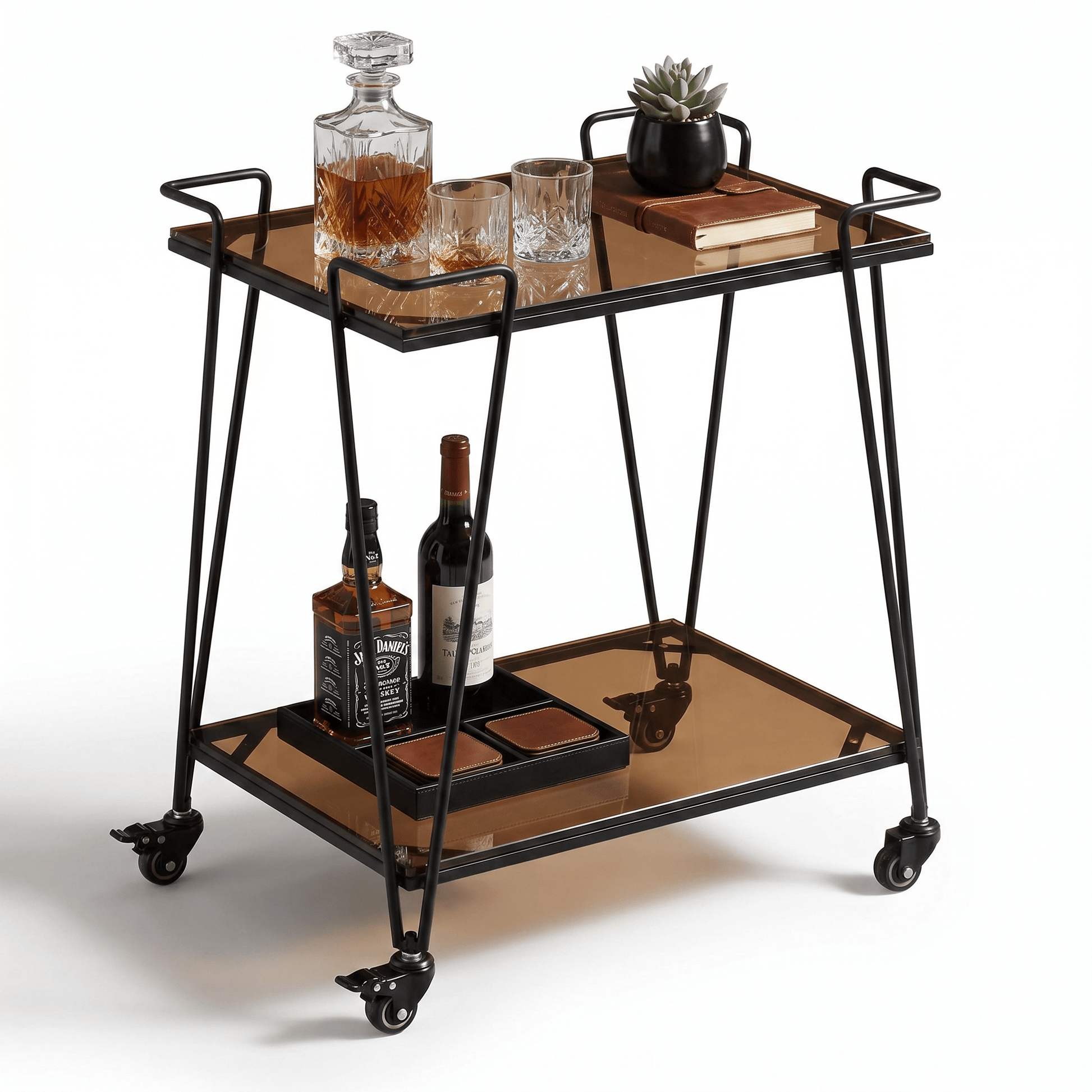 The Neutral Bay Two-Tier Glass Bar Cart by Royal Bar Carts, showcasing sleek black frame and stylish deco details.