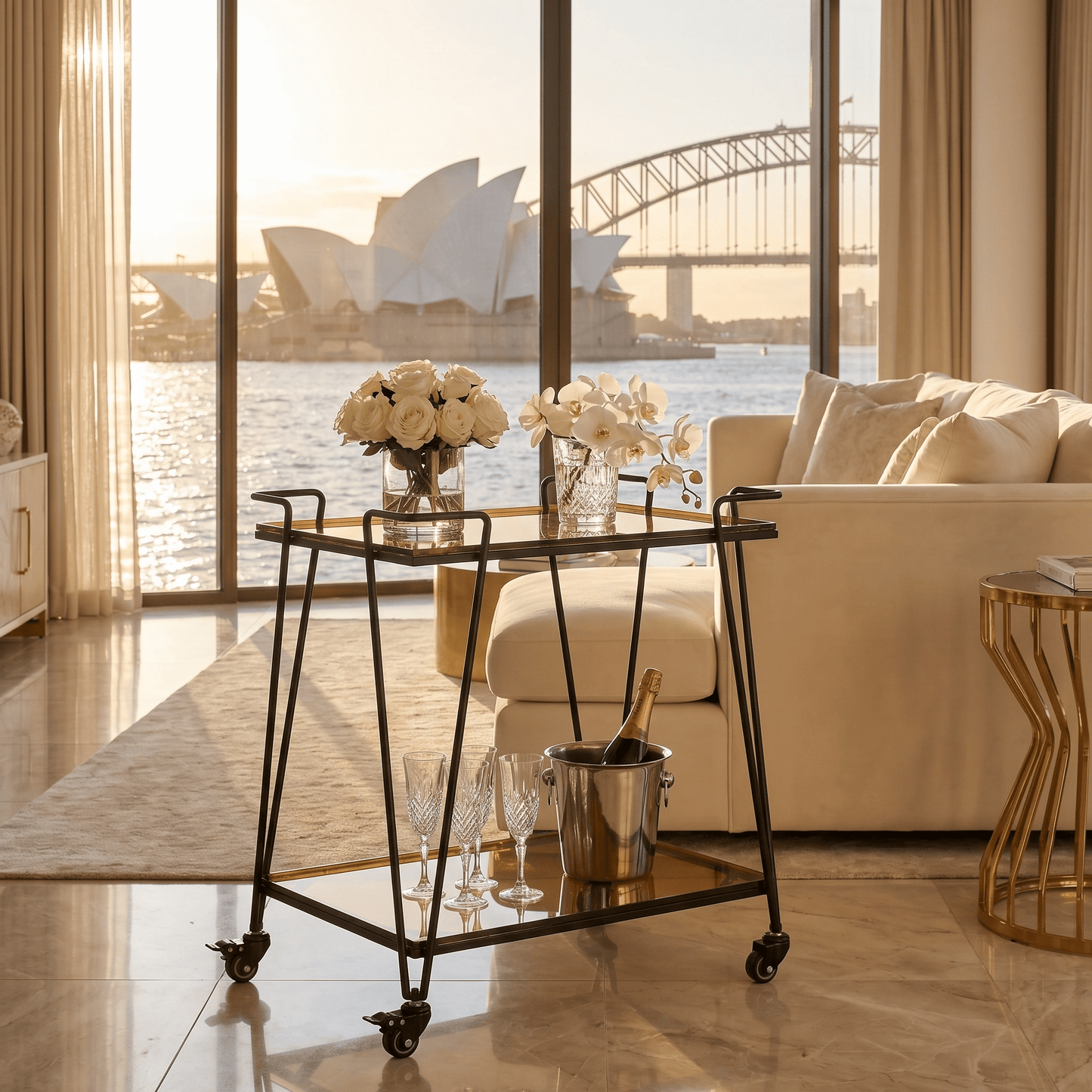 The Neutral Bay glass bar cart with drinks display — two-tier gold glass trolley