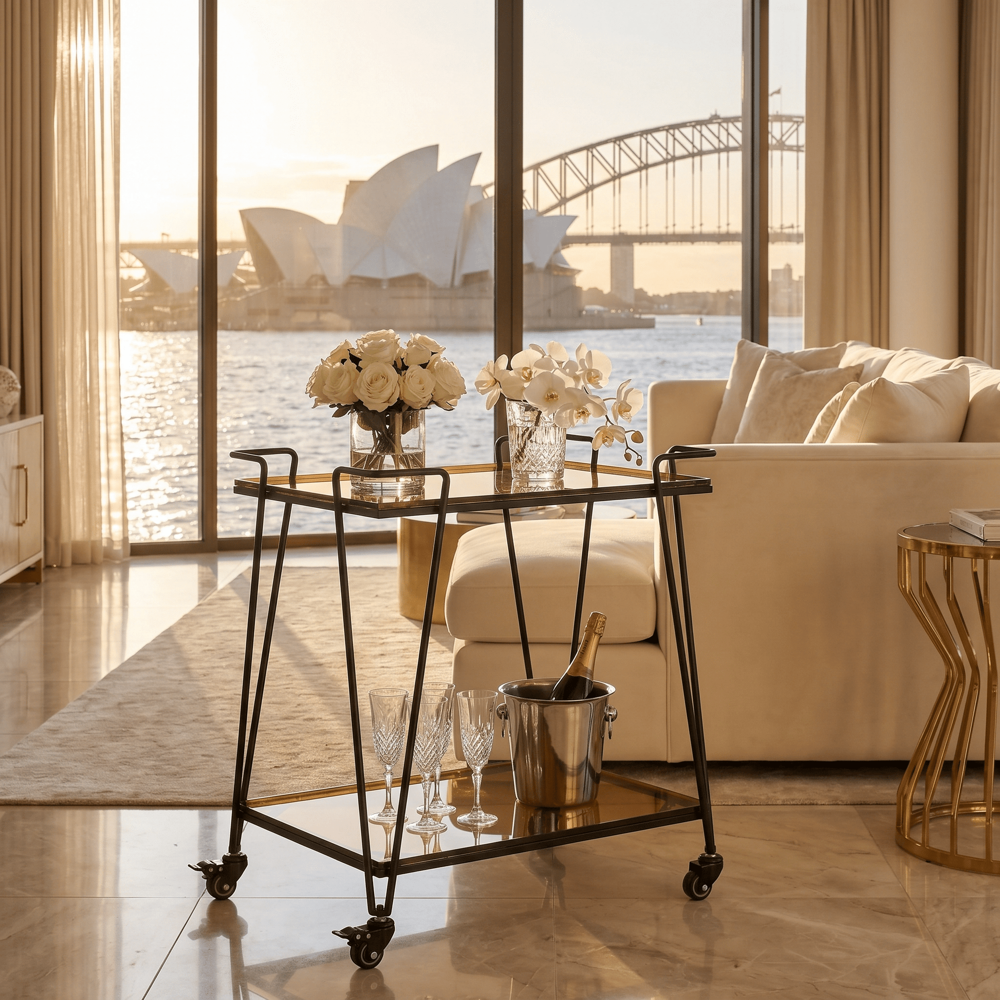 The Neutral Bay glass bar cart with drinks display — two-tier gold glass trolley