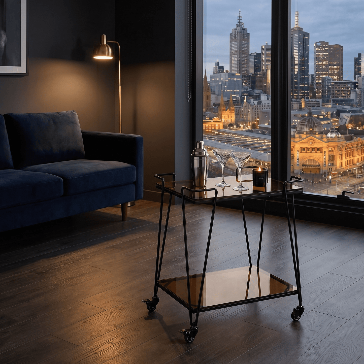 The Neutral Bay Two-Tier Glass Bar Cart by Royal Bar Carts showcasing black frame and brown glass shelves in a contemporary setting