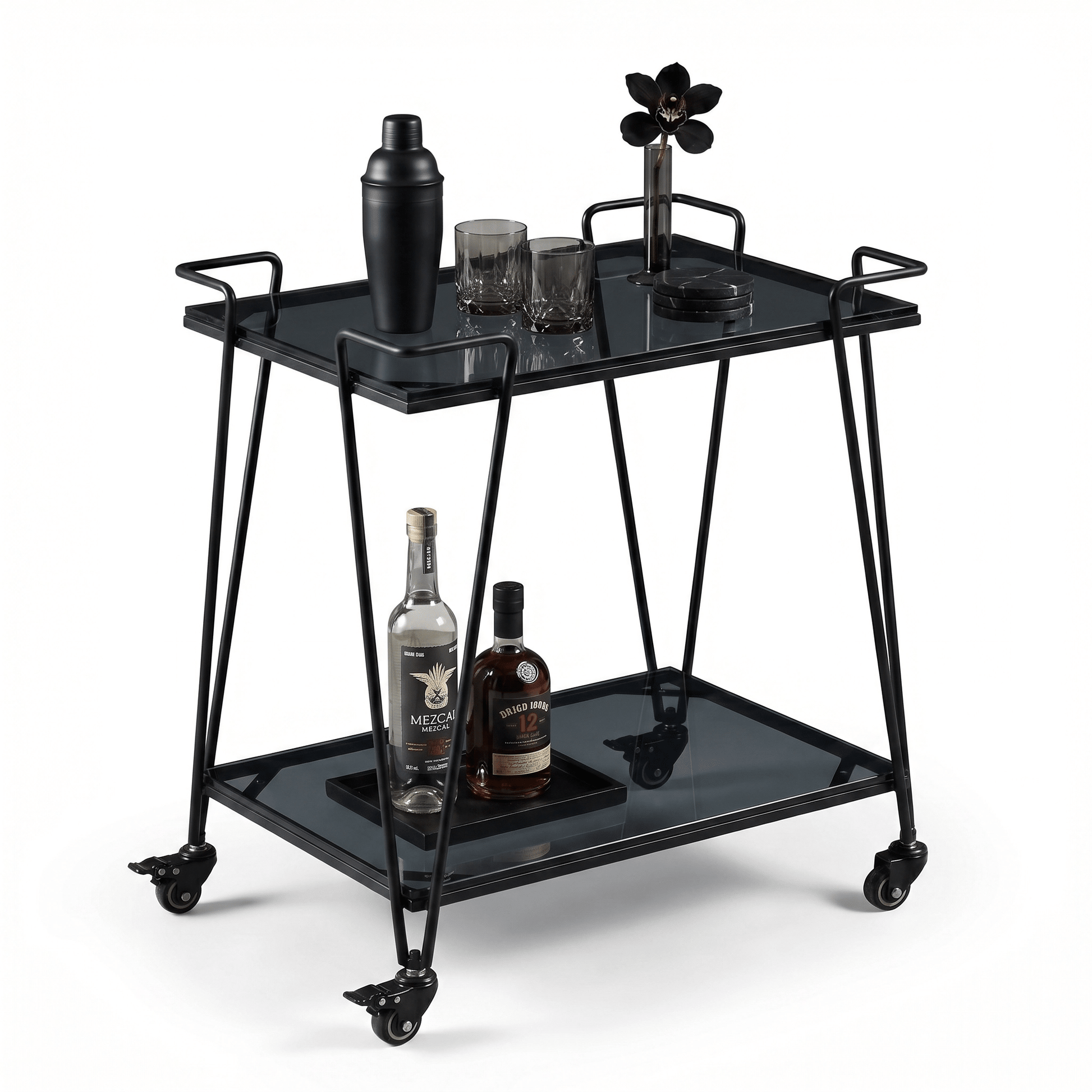 The Neutral Bay Two-Tier Glass Bar Cart by Royal Bar Carts showcasing sleek black frame and stylish black glass.
