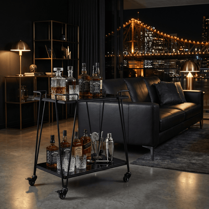 The Neutral Bay two-tier glass bar cart — black frame with glass shelves, bar trolley Australia