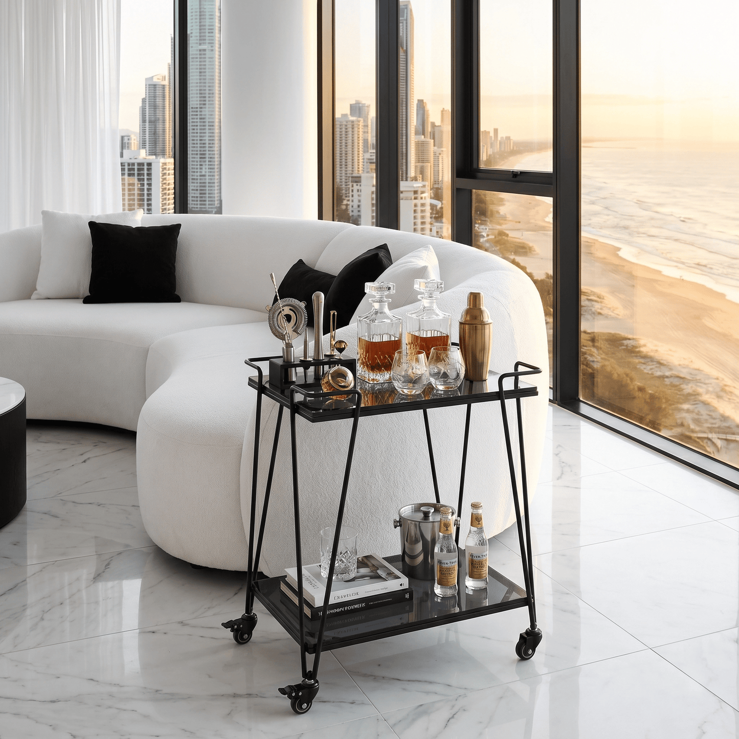 The Neutral Bay bar cart side view — slim black frame glass bar cart Australia