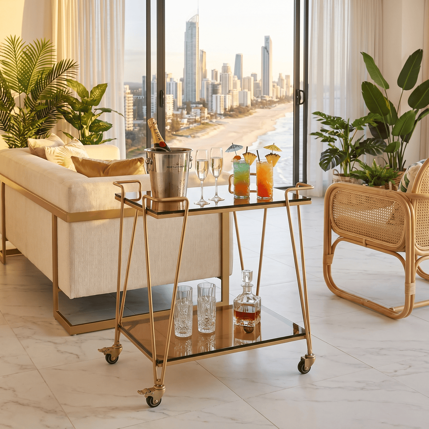 The Neutral Bay glass bar cart with drinks display — two-tier gold glass trolley