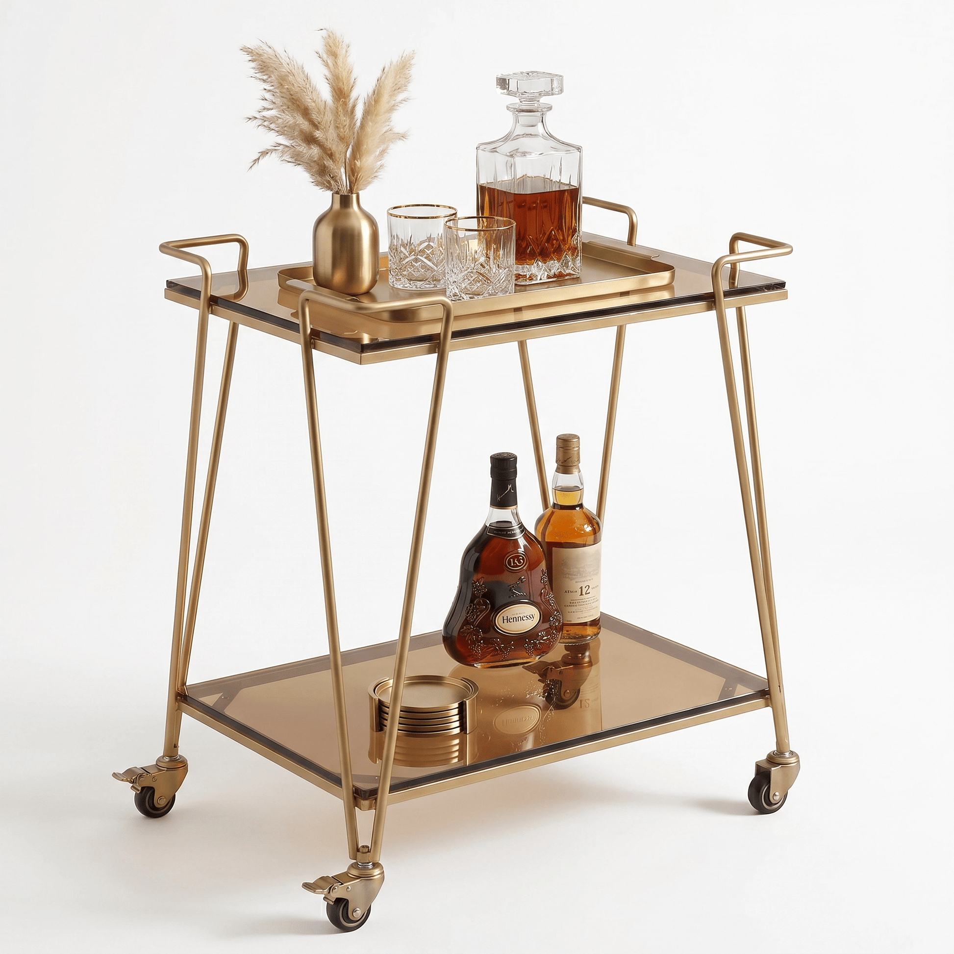 The Neutral Bay Two-Tier Glass Bar Cart by Royal Bar Carts showcasing its sleek Gold frame and elegant brown glass in a contemporary setting