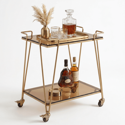 The Neutral Bay Two-Tier Glass Bar Cart by Royal Bar Carts showcasing its sleek Gold frame and elegant brown glass in a contemporary setting