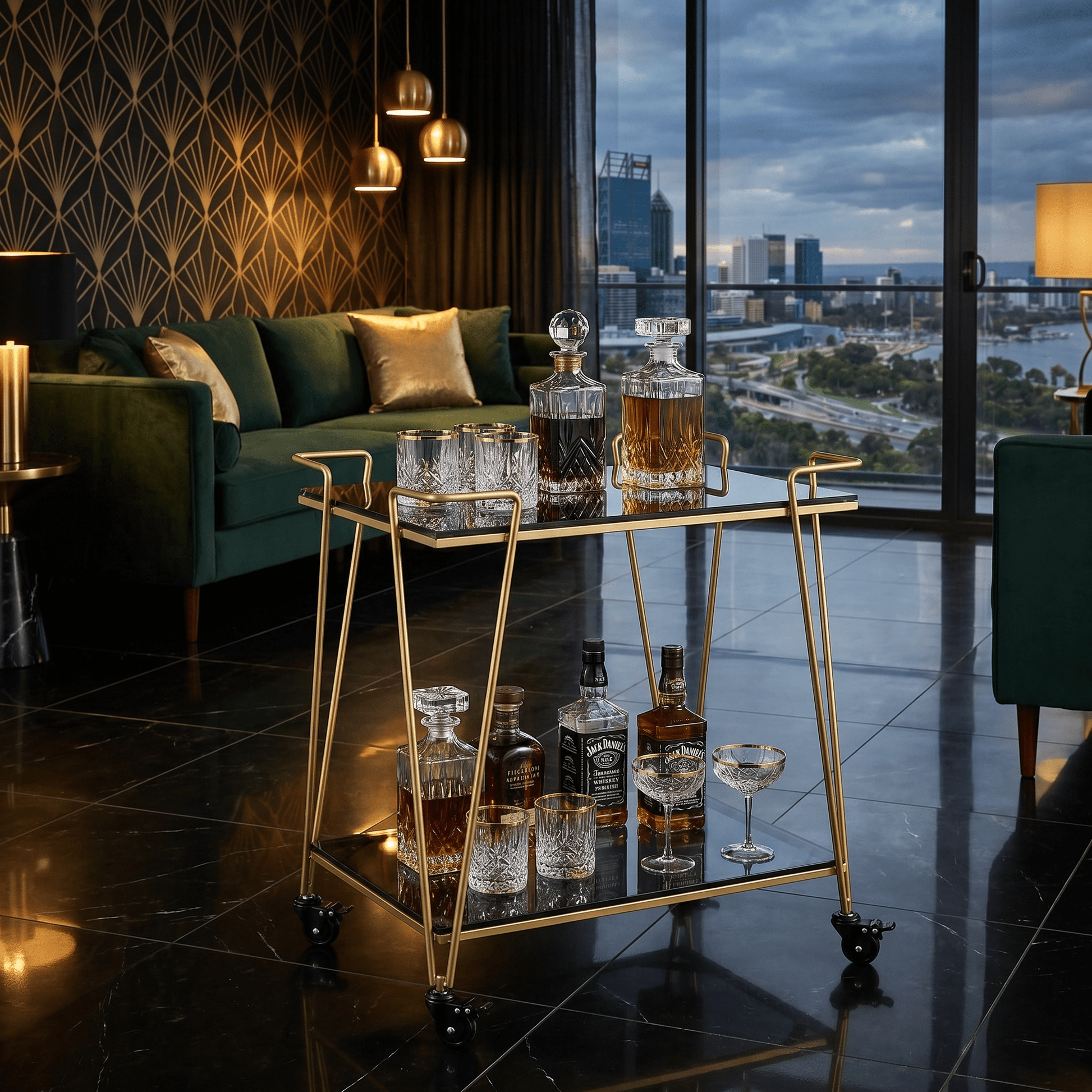 The Neutral Bay two-tier glass bar cart — gold frame with black glass shelves, bar trolley Australia