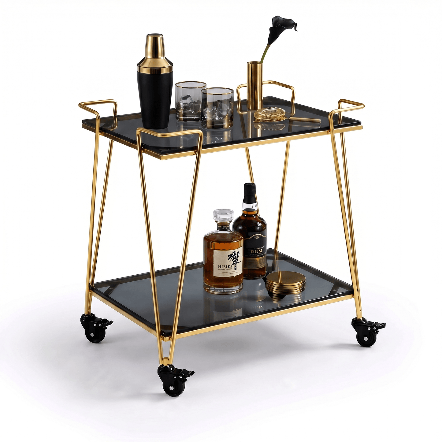 The Neutral Bay Two-Tier Glass Bar Cart by Royal Bar Carts showcasing Gold frame and stylish Black Glass in a contemporary setting