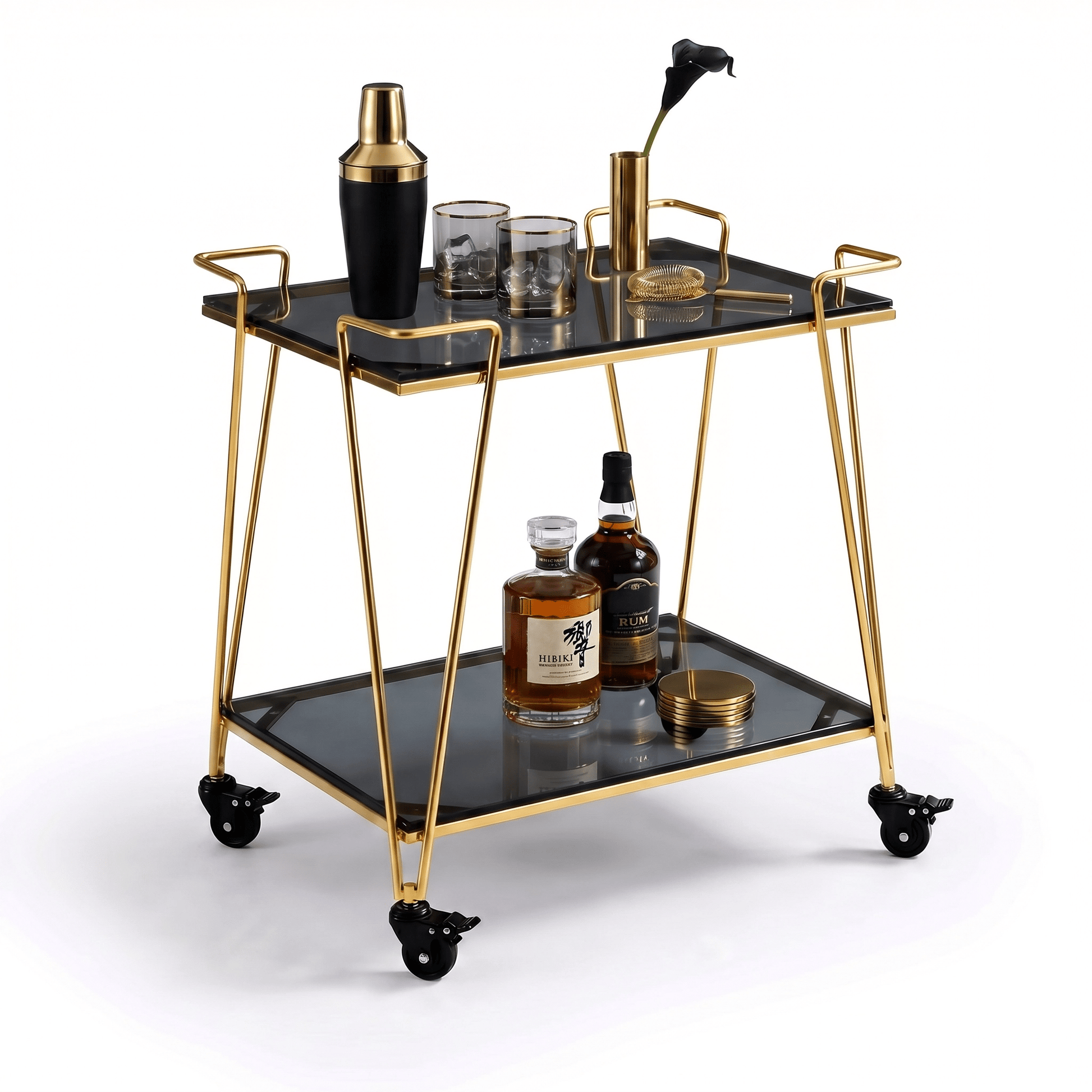 The Neutral Bay Two-Tier Glass Bar Cart by Royal Bar Carts showcasing Gold frame and stylish Black Glass in a contemporary setting