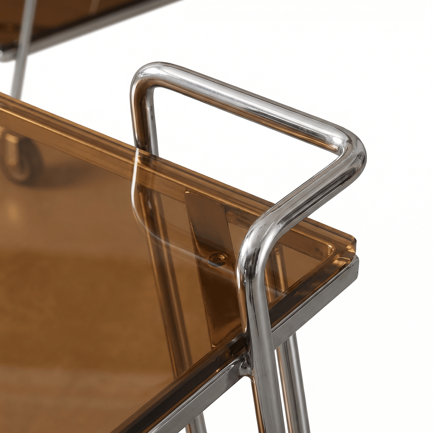 Close-up of The Neutral Bay Two-Tier Glass Bar Cart by Royal Bar Carts showcasing silver frame and stylish brown accents in a contemporary setting